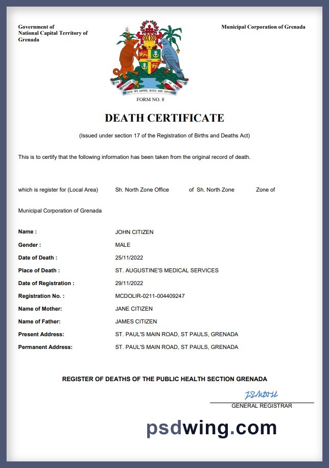 Grenada Vital Record Death Certificate (Word & PDF)
